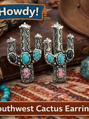 Southwest Cactus Drop Earrings with Turquoise, Pink & Black Accents